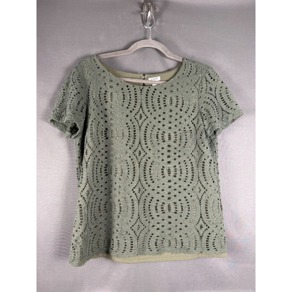 J.Crew Blouse Womens 6 Olive Green Eyelet Lace Short Sleeve Crew Neck Top